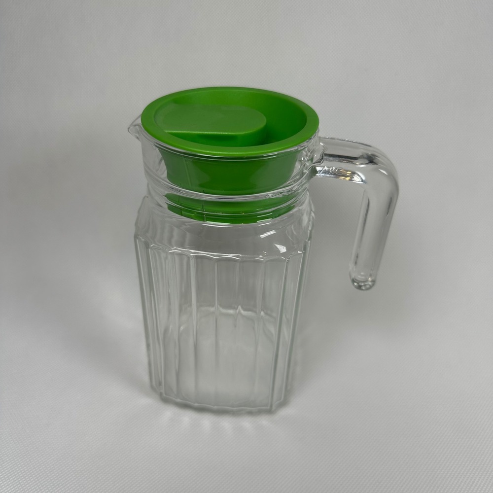 Glass Mini Pitcher Juice Carafe Green Lid Ribbed Montessori 6 Inch